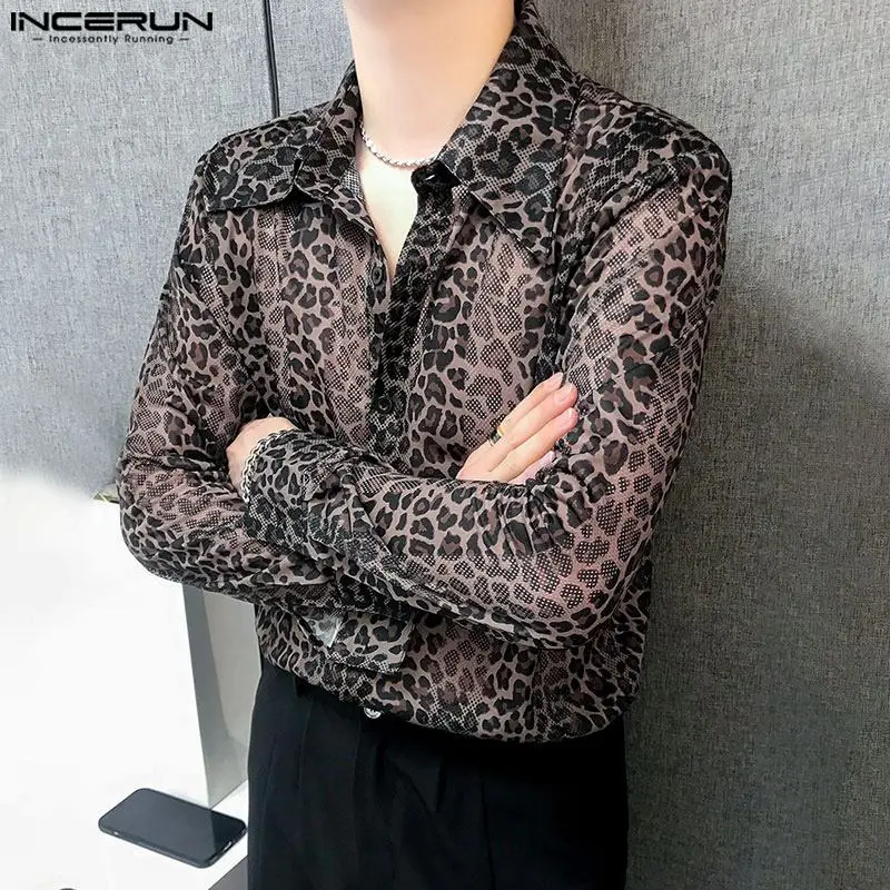 INCERUN Tops 2024 Korean Style Fashion New Men\'s Perspective Leopard Print Shirts Casual Clubwear Male Long Sleeved Blouse S-5XL