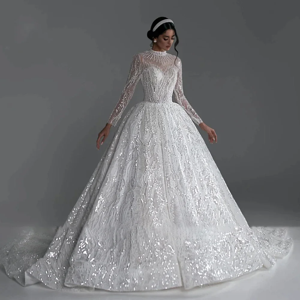 

On Zhu Customized Ball Gown Wedding Dresses High Long Sleeve V Neck Bridal Gowns Lace Appliques Beaded Womens vestidos de novia