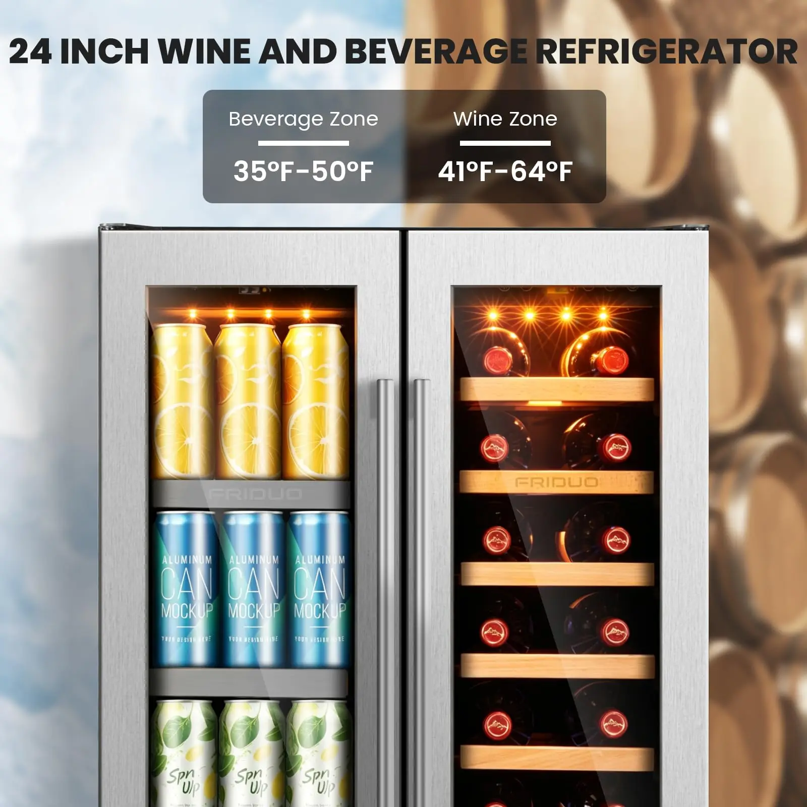 24 Inch Seamless Wine and Beverage Refrigerator,Dual Zone Wine Cooler Refrigerator with Stainless Steel Glass
