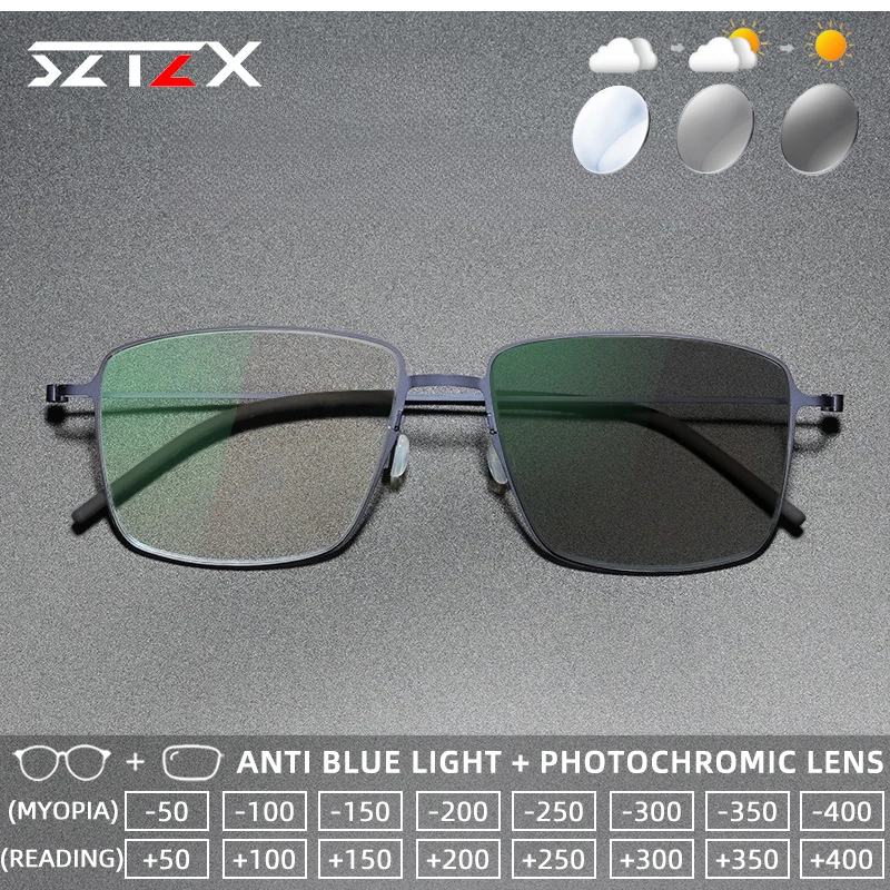 

SZTZX Fashion Screwless Titanium Photochromic Reading Eyewear Anti Blue Light Myopia Glasses Progressive Prescription Glasses