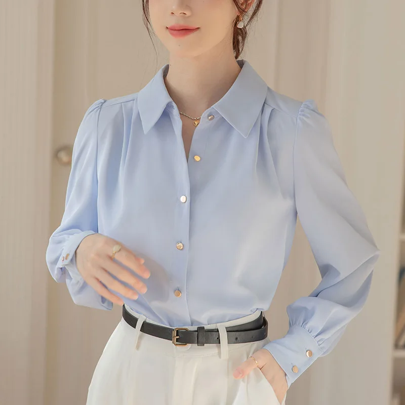 Spring Summer French Style White Chiffon Shirt Women Fashion Elegant Long Sleeve Button Blouses Office Lady casual Loose Tops