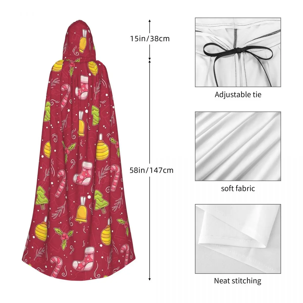 クリスマスの日 クリスマス キャンディケイン ロングフード付きマント 魔女 中世コスチューム コスプレケープ ハロウィンコート 大人用 ユニセックス