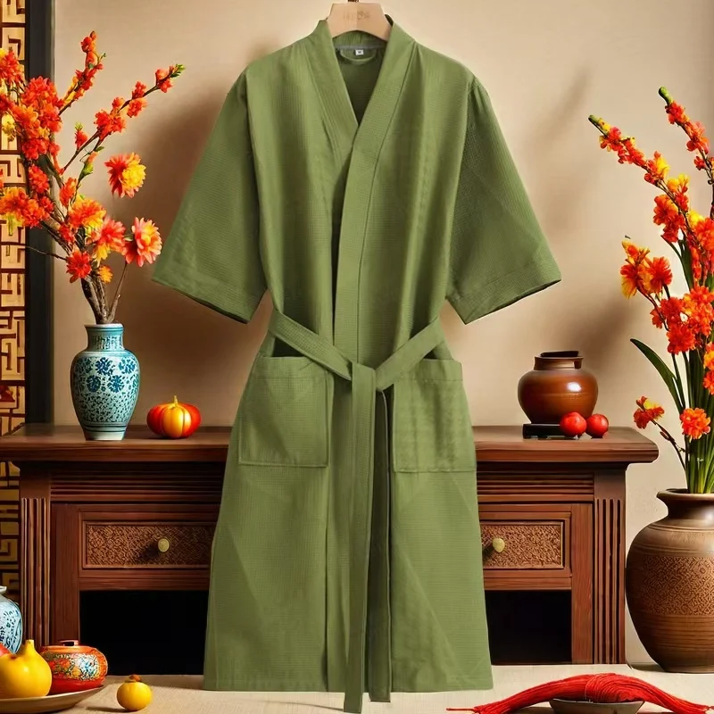 100%Cotton Waffle Bath Robe Men Women Sleepwear Couple Spring Summer Long Bride Bathrobe Sleep Lounge Robe Kimono Nightwear Gown