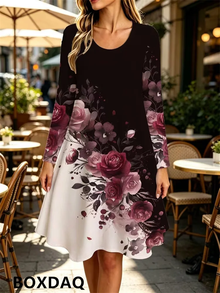 Rose Gradient 3D Printed Fashionable Dress New Women's Round Neck Long Sleeved Pullover Casual Loose A-Line Dresses