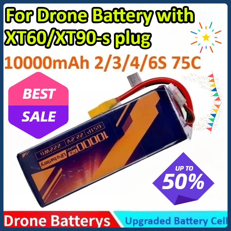 

10000mAh 6S1P 2/3/4/6S 75C High-Discharge LiPo Battery | RC Cars, FPV Racing Drones, High-Performance UAVs with XT60/XT90-S plug