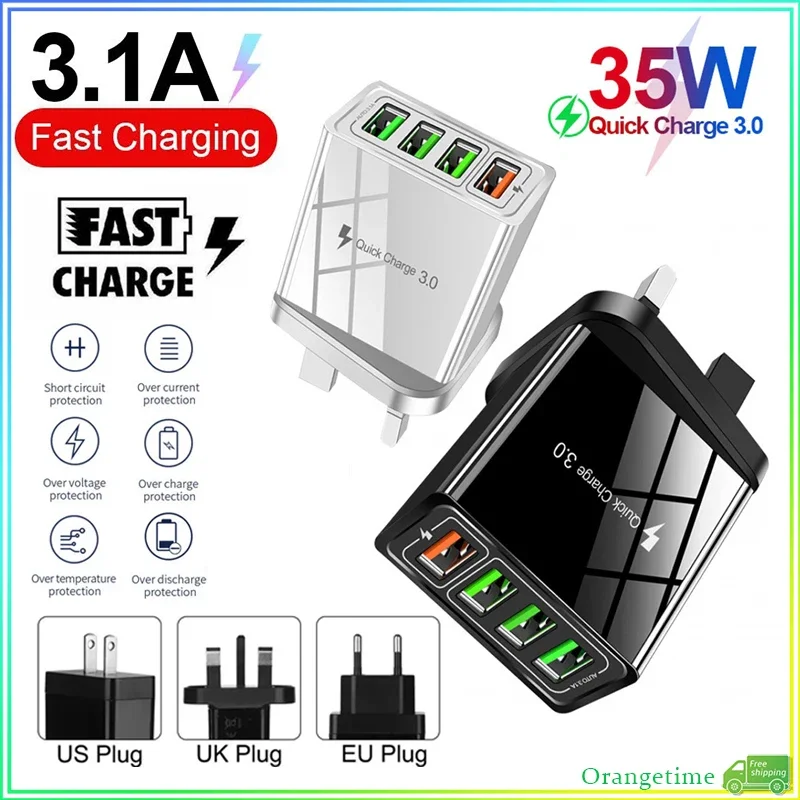 

【 Быстрая доставка】4.1A QC 3.0 4-портовый USB-порт, головка быстрого зарядного устройства, универсальный адаптер для зарядного устройства ЕС, США, Великобритании, адаптер для дорожного телефона