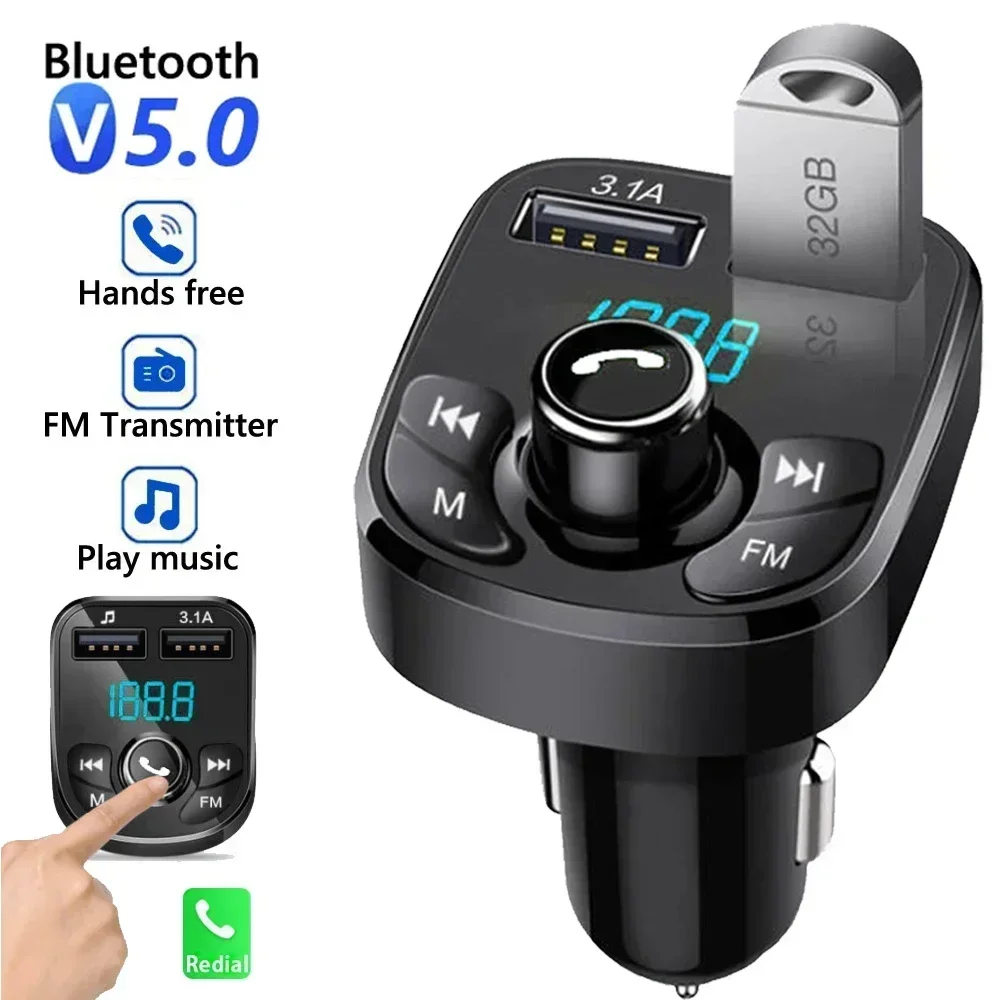 

Car Hands-free Bluetooth-compaitable 5.0 FM Transmitter Fast Charge Car Kit MP3 Modulator Player Handsfree Audio Receiver 2 USB