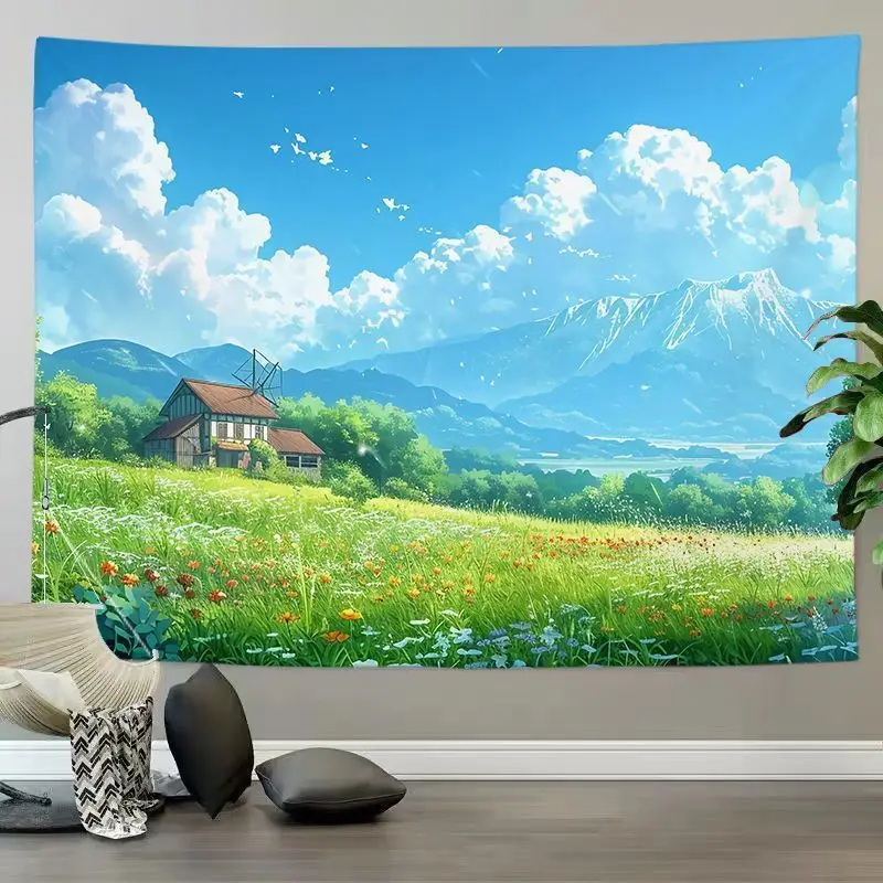 VIKAMA Japanese Anime Countryside Hut Tapestry Background Cloth HD Wear resistant Fabric Living Room Decoration