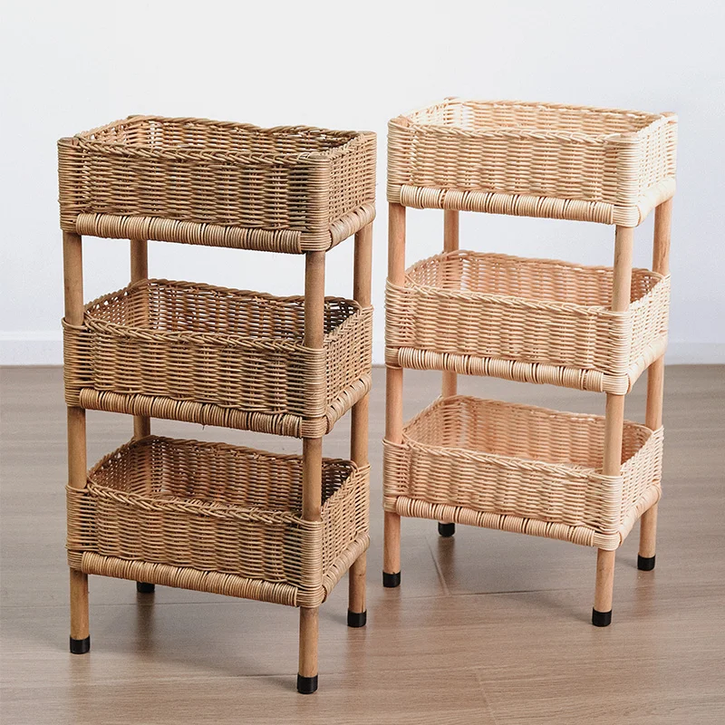 

Retro floor-to-ceiling corner wooden living room rattan woven multi-layer solid wood shelf storage rack wooden shelf storage