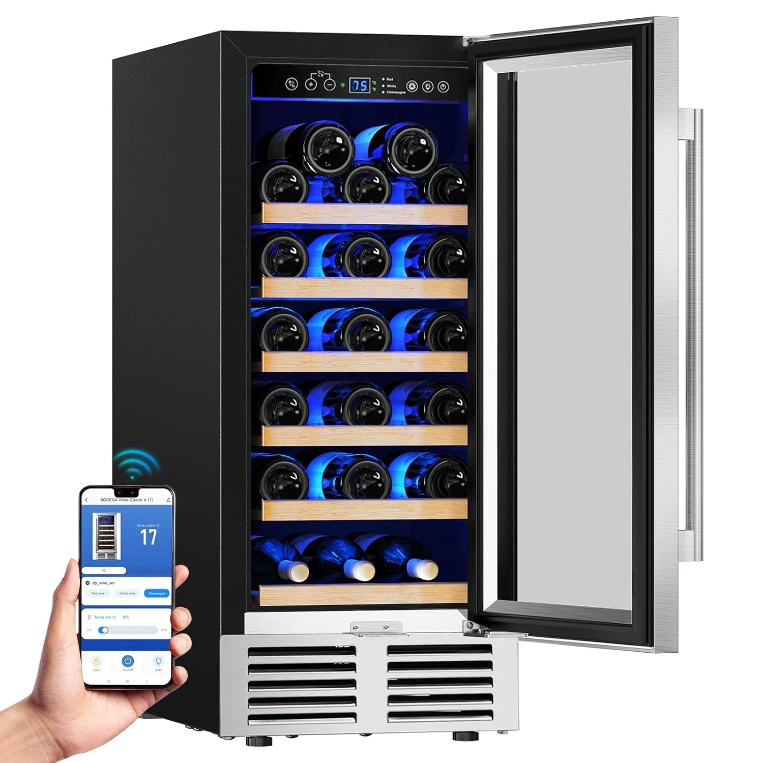 

Винный холодильник отдельностоящий, 15-дюймовый встраиваемый в столешницу, охладитель для шампанского с управлением через приложение, стеклянная дверца, индивидуальная комплектация