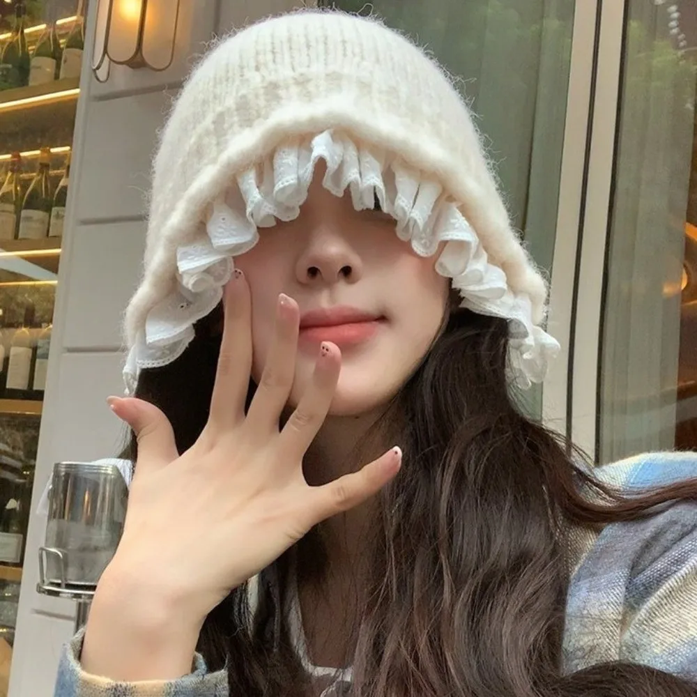 달콤한 레이스 트림 니트 어부 모자 얀 솔리드 컬러 여성 버킷햇 큰 머리둘레 한국 스타일 비니 모자 소녀용