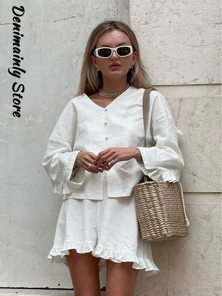 

Elegant Solid 3D Ruffle Women Short Set V-neck Single Breasted Long Sleeve Top Loose Shorts 2025 Summer Casual Lady 2 Piece Suit