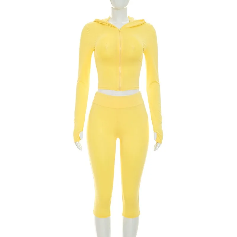 KEXU Women Fall Zip Up Hooded Long Sleeve Finger Hole Cardigan High Waist Capri Pants 2 Piece Casual Outfit view 4