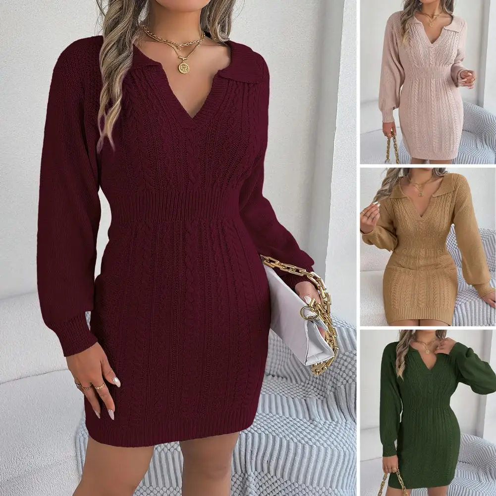 New Fashion autunno inverno Bodycon Pencil Dress donna Slim Fit Cable Knit manica lunga maglione vestito Sexy scollo a V Club Party Dress