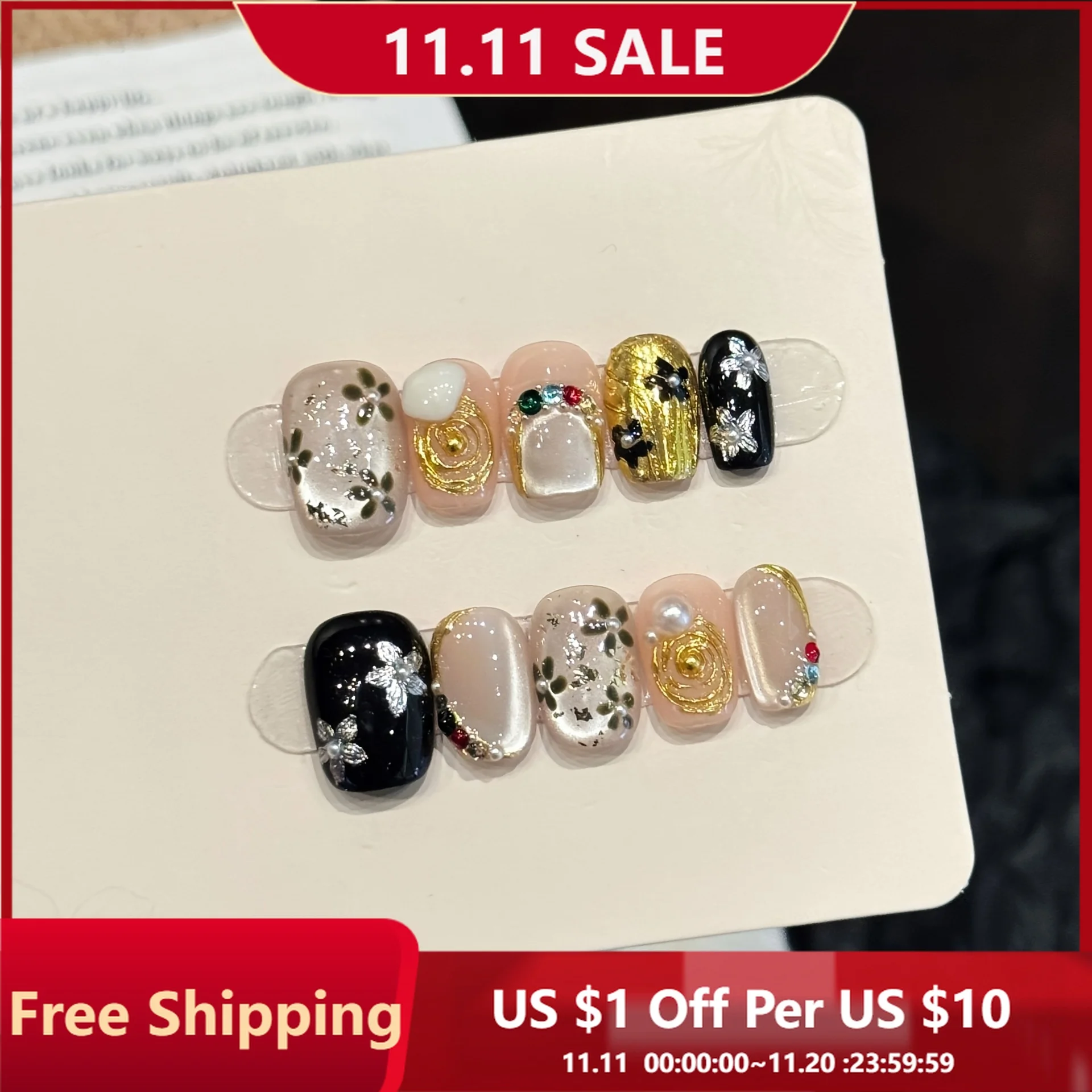 

10pcs Handmade Press-On Nails BaroqueInspired Metallic Pearl Flower Nail Tips for Women&Girl Removable Wearable False Nail