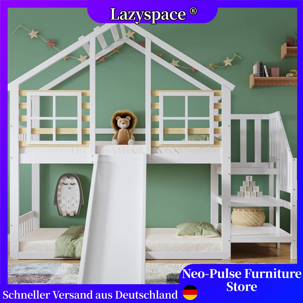 Letto a castello Lazyspace, struttura letto in legno con scale, griglia, scivolo e finestra, lettino in legno con protezione anticaduta, 90x200 cm