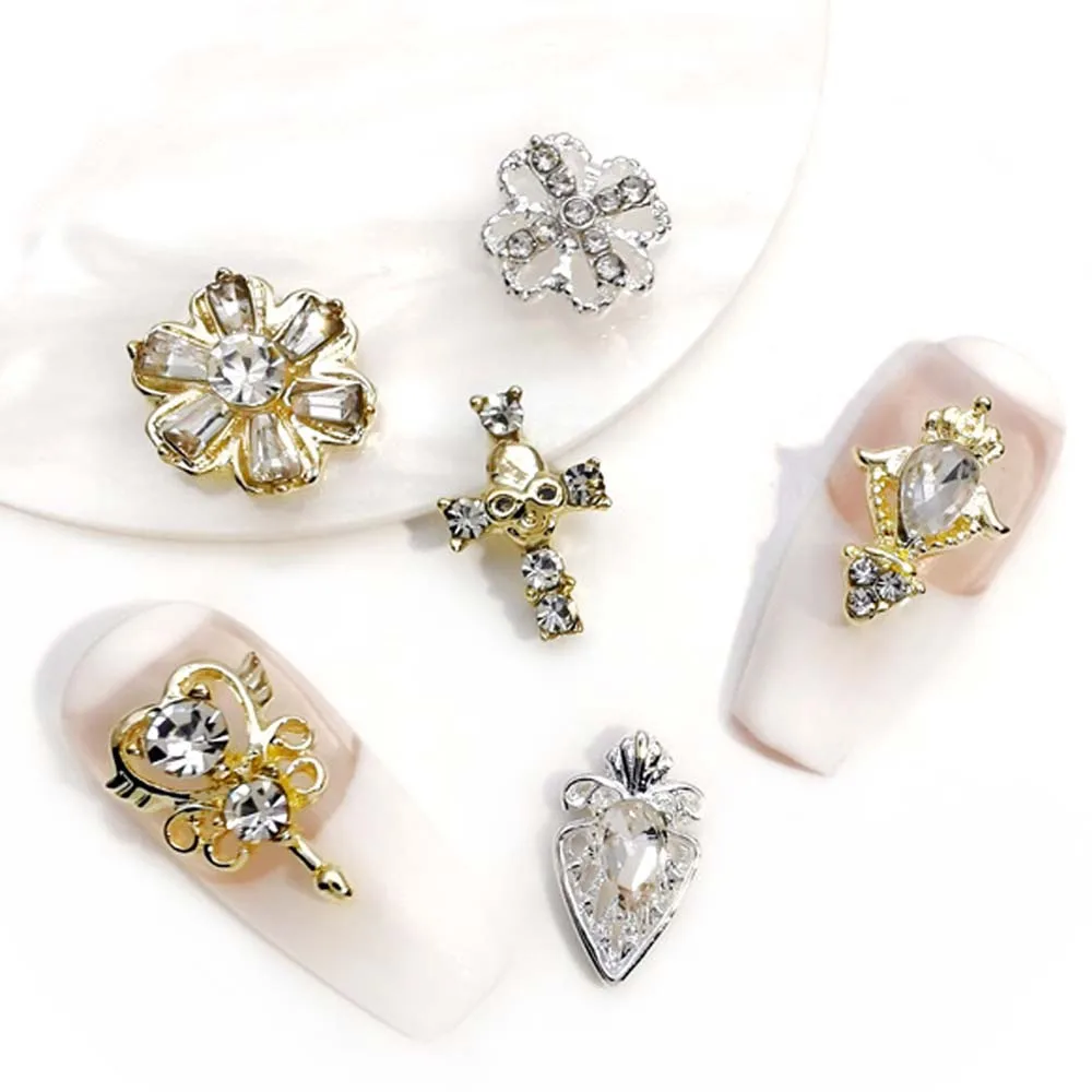 

10Pcs 3D Alloy Nail Art Charms Skull/Cross/Flower/Angel Wings/Rhombus Accessories Nail Jewelry Rhinestone Bulk Luxury Parts