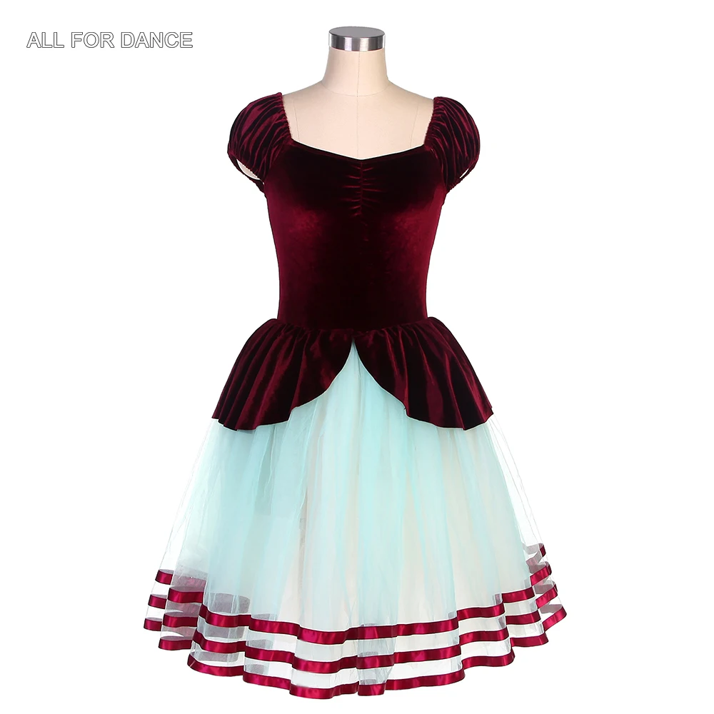 22052 Cap Sleeves Burgundy Stretch Velvet Bodice with Attached Romantic Length Tutu Skirt for Girls & Women Ballet Dancing Dress