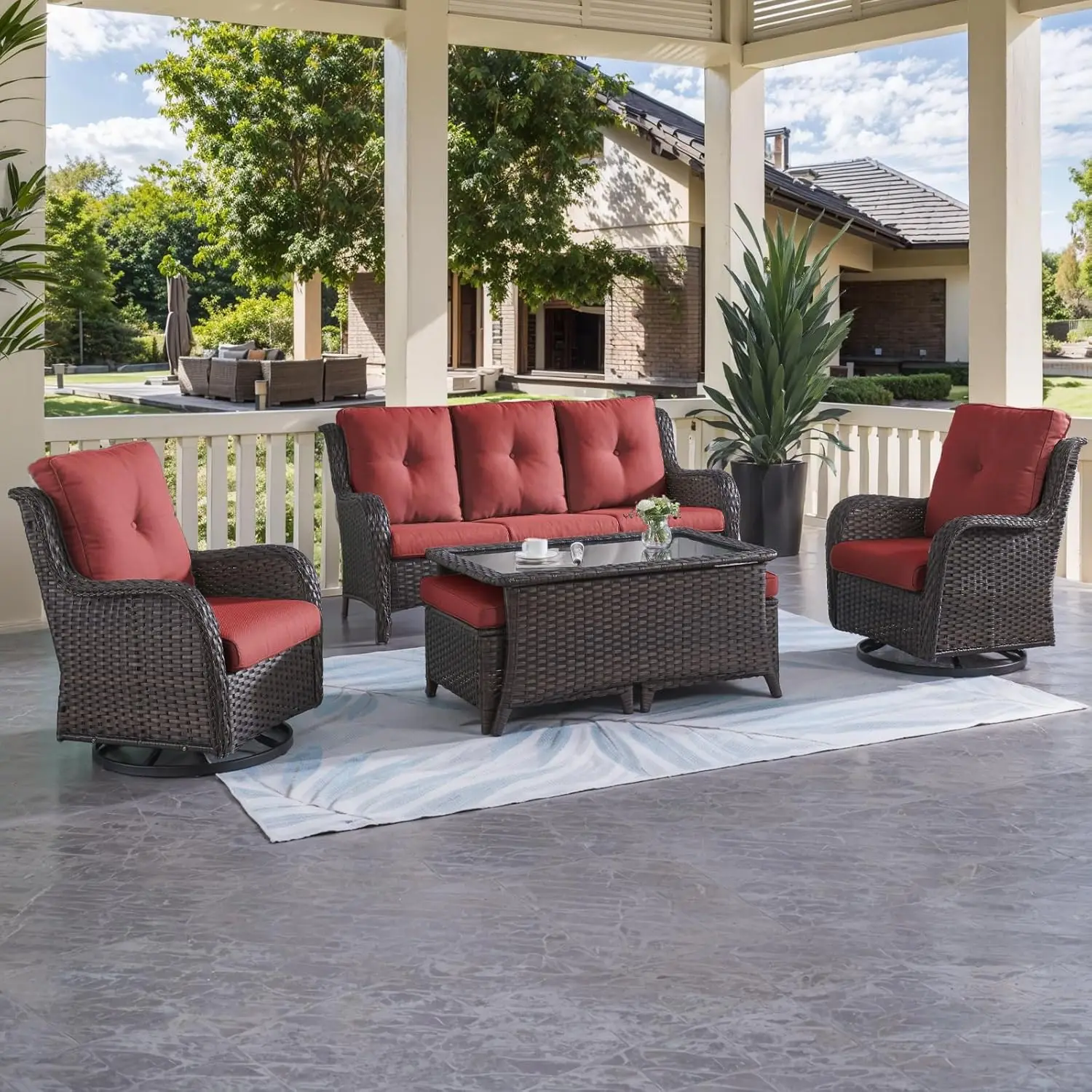 Patio Furniture 6 Pieces Outdoor Furniture Set PE Wicker Sofa with Swivel Rocking Chairs,Ottomans,Coffee Table