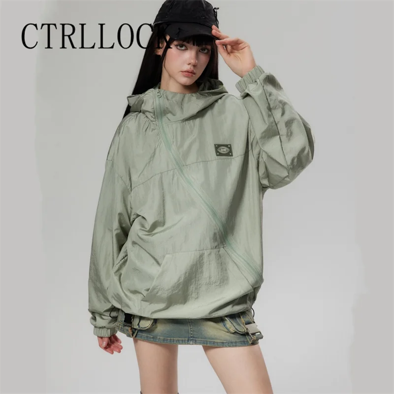 Oblique Zipper Hoodie Jacket For Women Loose Sunscreen Thin Hooded Outerwear Autumn