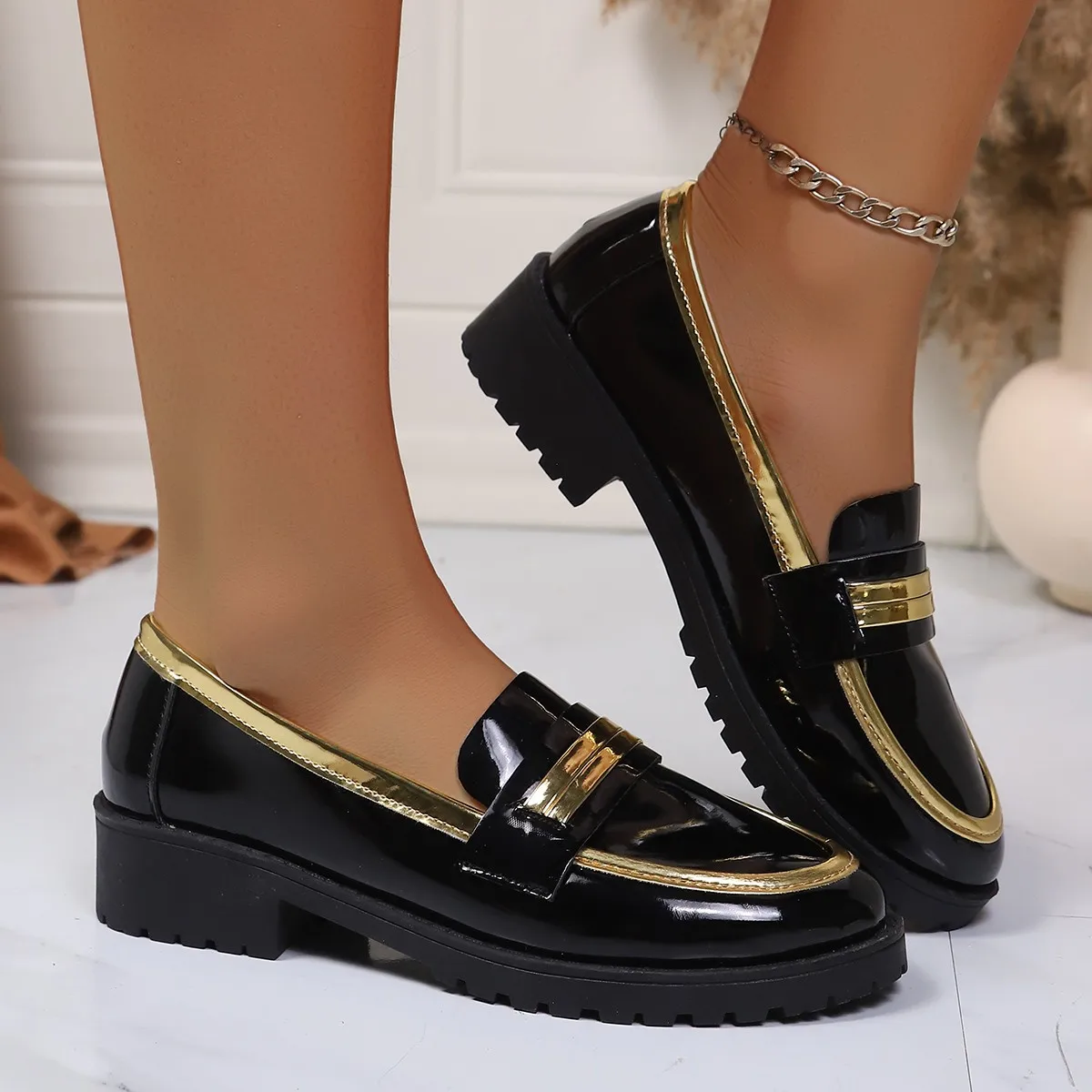 British‑Style Women Casual Loafers, Spring All‑Match Black Color‑Block Chunky Platform Elevated Heel Fashion Daily Walking Shoes
