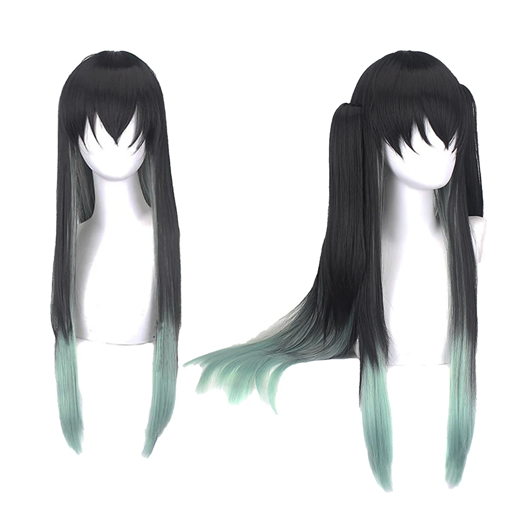 Pelucas de Cosplay de Anime Tokitou Muichirou, accesorios de personajes, pelucas para la cabeza, pelo largo liso sintético negro y verde resistente al calor