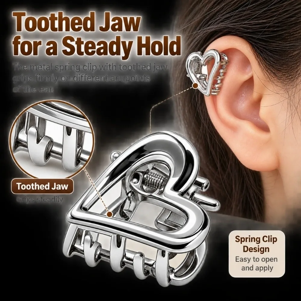 6Pcs Heart Shaped Ear Acupressure Clips Toothed Jaw Silver‑Tone Ear Massage Clips Claw‑Type Spring Grip Ear Acupoint Clips
