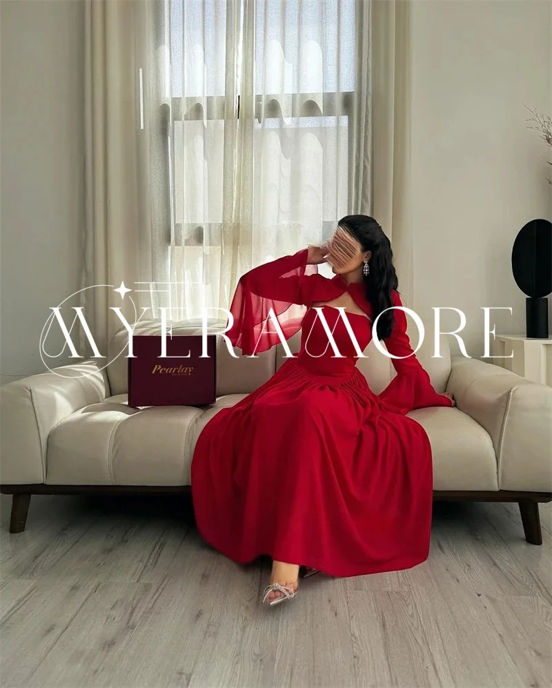 فساتين سهرة شيفون بسيطة للنساء على شكل حرف A وأكمام طويلة ورقبة عالية وطول الشاي فساتين لحضور الحفلات الموسيقية مخصصة