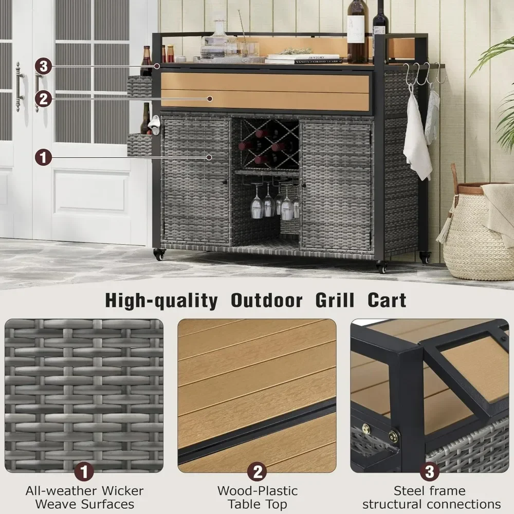 

Hot salesOutdoor Wicker Grill Cart with Expandable Plastic Wood Table and Rolling Kitchen Storage Cabinet, 52.8 Wide