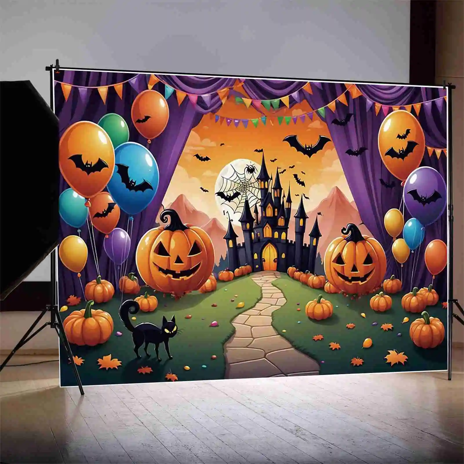 MOON.QG Halloween Backdrop Baby Party Photography Studio Background Children Balloon Curtain Jack-O\'-Lantern Photo Back Drop