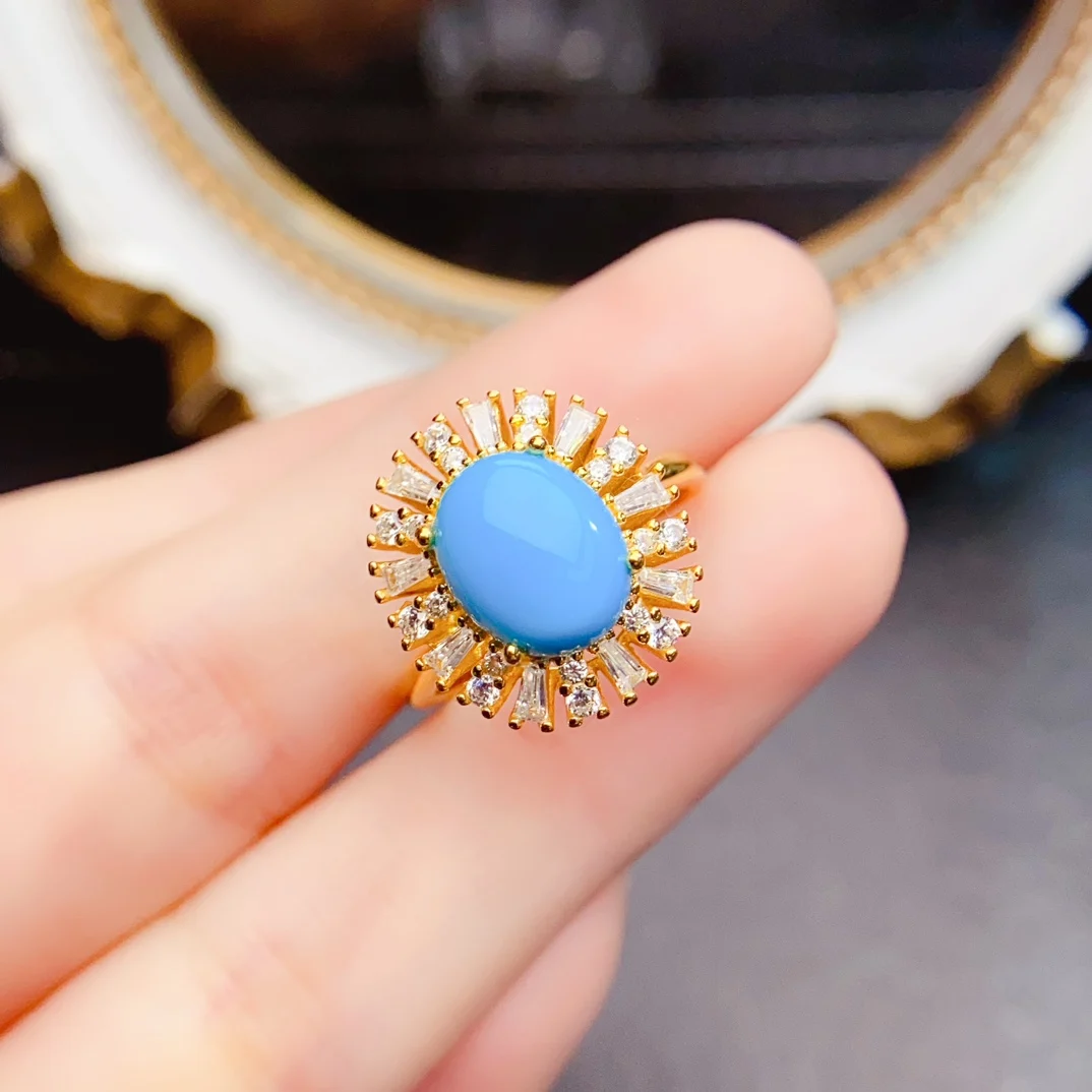 

FS S925 Sterling Silver 8*10mm Natural Blue Turquoise Flower Ring for Women Fine Charm Weddings Jewelry Set MeiBaPJ