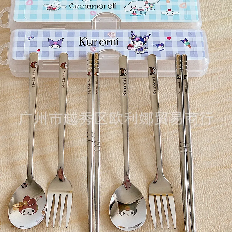 

Hello Kitty My Melody Tableware Set Kawaii Sanrio Anime Cinnamoroll Pompompurin Chopsticks Fork Spoon Portable Storage Box Gifts