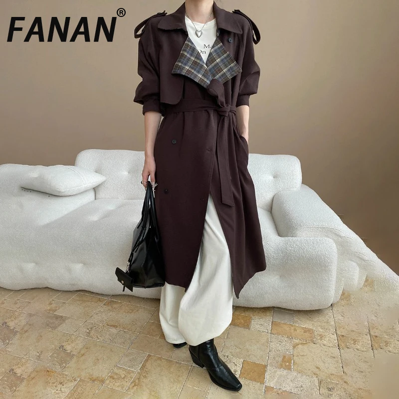 

FANAN Office Lady Contrast Color Spliced Trench Women's Double Breasted Belt Gathered Waist Long Windbreaker Fashion Autumn New