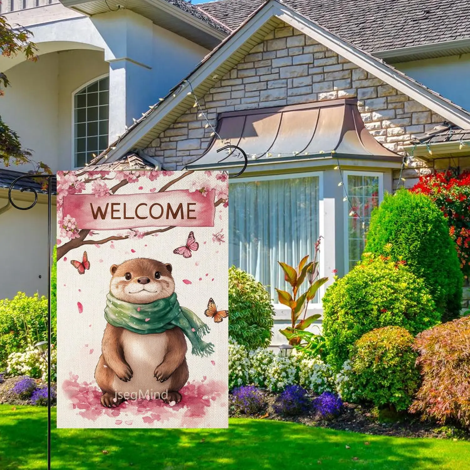 Welcome Spring Summer Garden Flag 12x18 Double Sided Vertical Burlap, Otter Butterfly Flowers for Seasonal Outside Outdoor S zzo