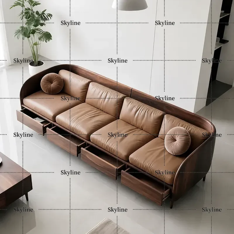 Song Style Aesthetics High End Custom Black Walnut Sofa Leather Leisure Bed and Breakfast Furniture