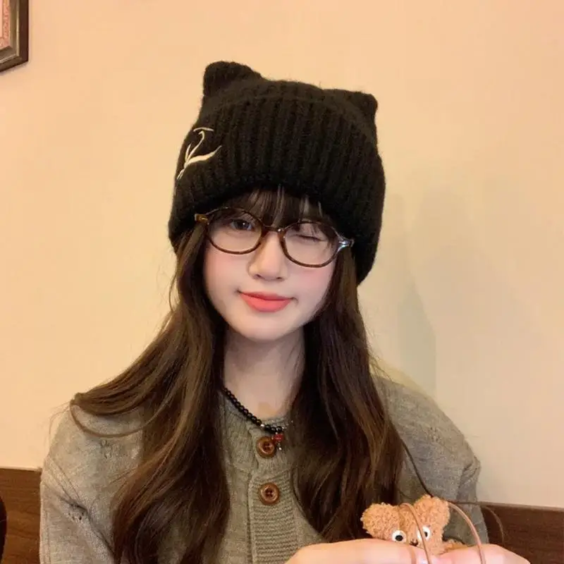 

Bowknot Cat Ear Knitted Beanie Hat Warm Thickened Design Cute Knitted Cap Autumn Winter Ear Protection Sweet Pullover Caps