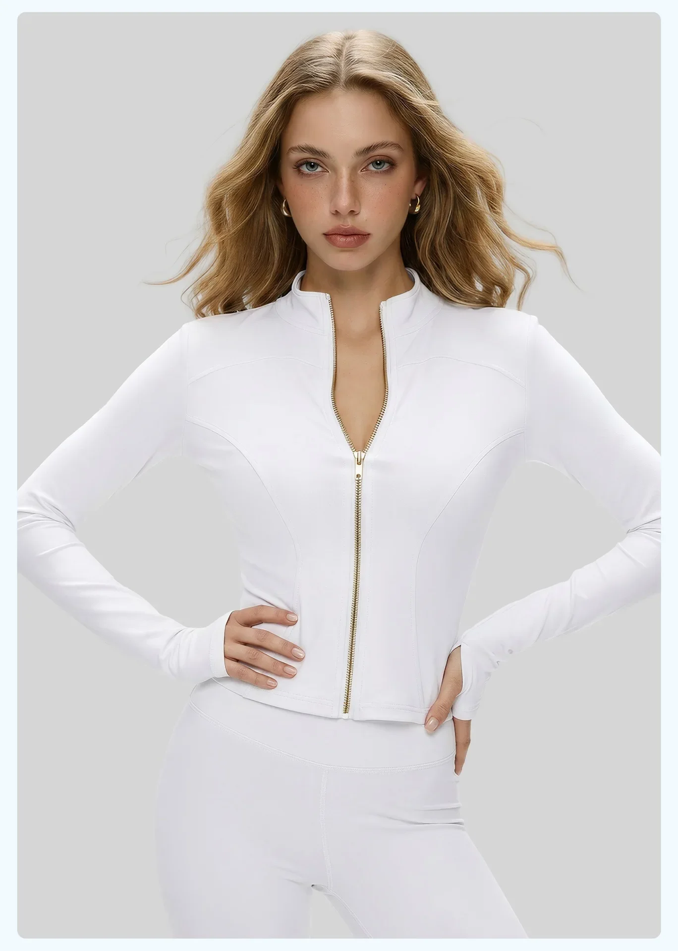 Damen Herbst-Sportjacke mit Stehkragen, Goldreißverschluss, Yoga-Oberteil, Figurbetont, Schlanke Passform, Damenjacke für Radfahren – Detail 13