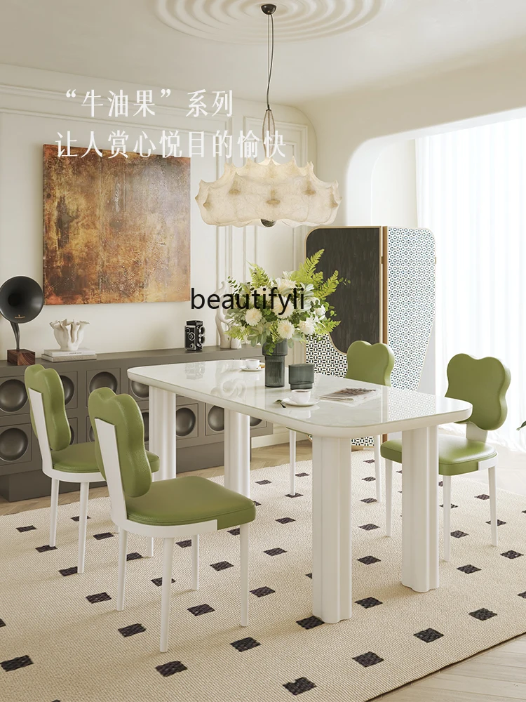 French Cream Style Stone Plate Dining Tables and Chairs Set Small Apartment Rectangular Modern Simple Dining Table