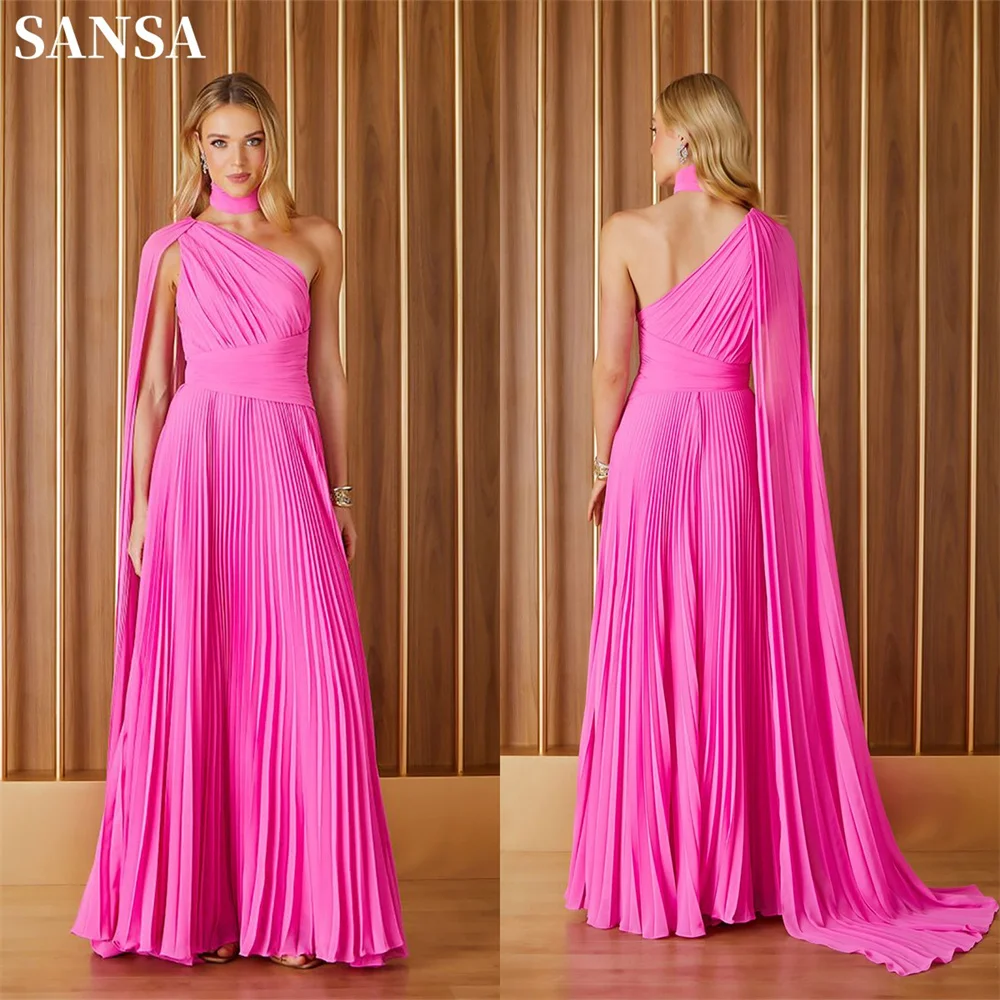 

Sansa Sexy One Shoulder Cape Sleeve Prom Dress Light Pink Pleats Chiffon Vestidos De Noche A-line Floor Lenght فساتين سهره فاخره