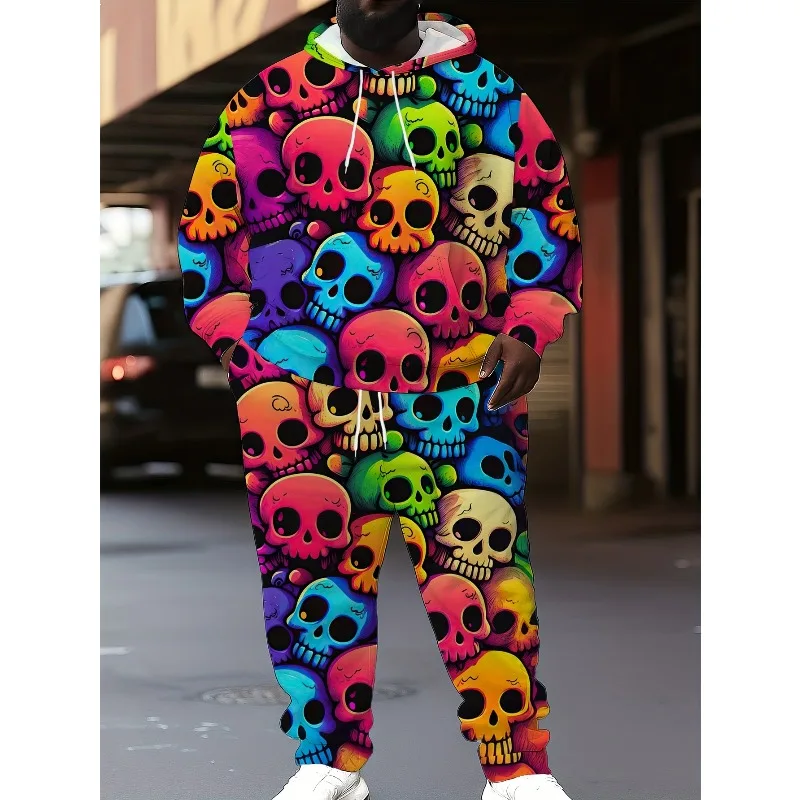 2025 حجم كبير بدلة رجالية غير رسمية ثلاثية الأبعاد مطبوعة مقنعين البلوز Sweatpants العصرية كول اللون الهيكل العظمي مجموعة طباعة كاملة #1