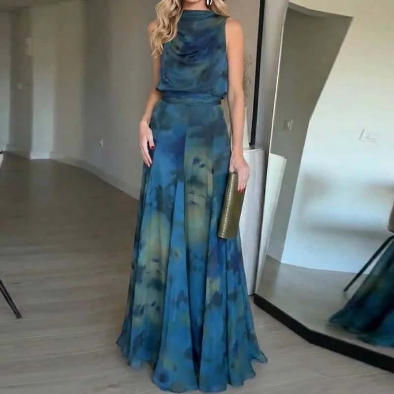 

Fashion O-neck Sleeveless Big Swing Dress Blue Watercolor Print Draped Satin Long Dress Women Elegant Waist Evening Party Dress