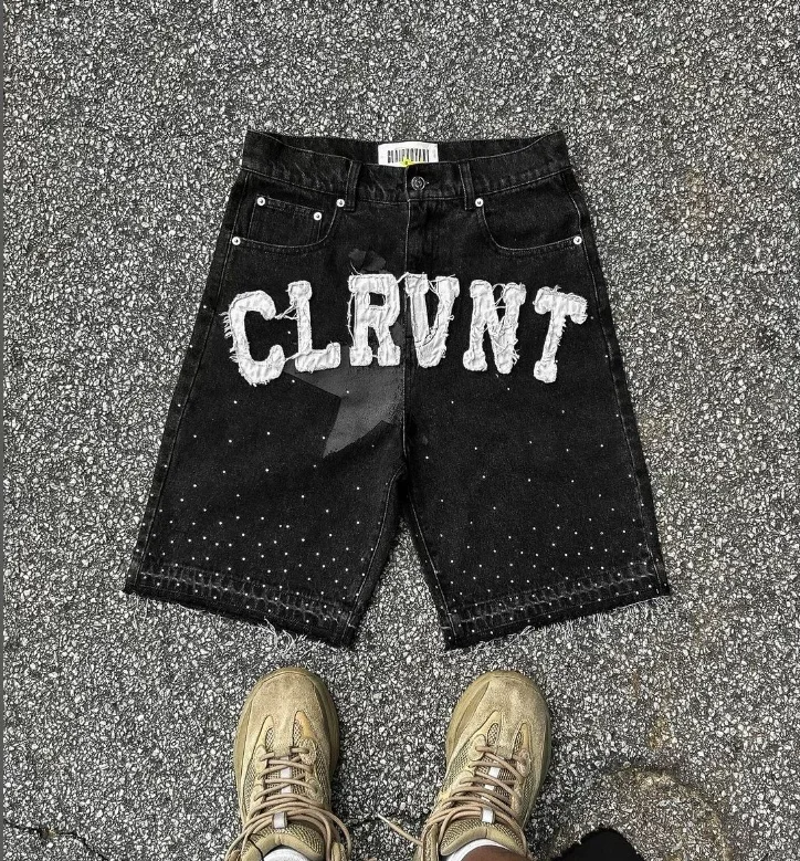 Letter patchwork embroidered jeans five-pointed star summer Harajuku rock hip-hop diamond pants men's personalized design shorts