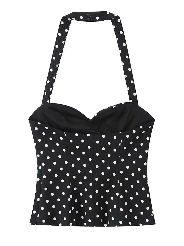 HH Womens Black Polka Dot Halter Neck Top Slim Backless for Street Date Casual Streetwear Vacation Beach Fashion Party Outings