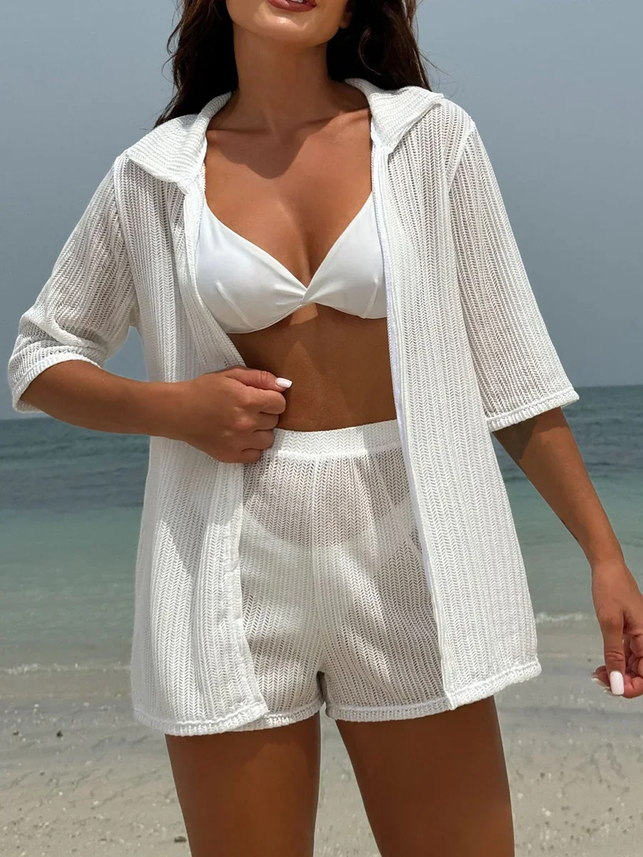 Kurzarm Häkeln Gestrickte Tunika Strand Cover Up Bikini Frauen Bademode Weiblichen Badeanzug Vier-stück Bikini Set Badeanzug Schwimmen