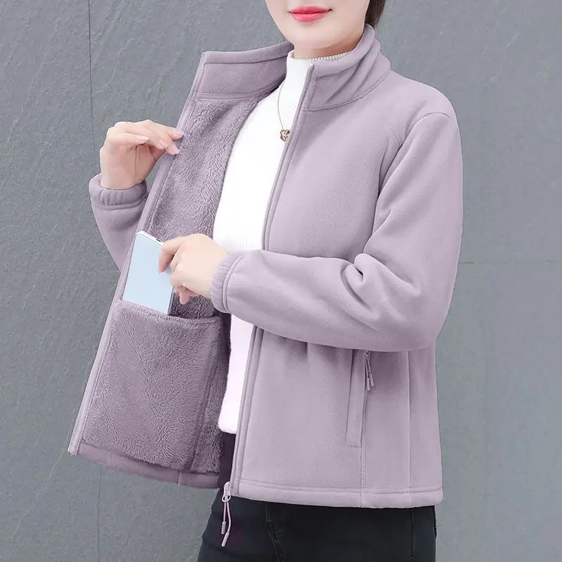 

Fleece Jacket Women Spring Coat 2025 New Middle-aged Mother Velvet Warm Autumn Winter Stand-up Collar Top Female Outerwear