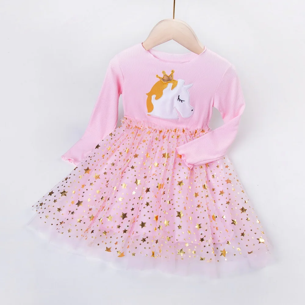 New Year\'s Party Dress For Girls Knitted Sequins Star Unicorn Pony Dress Long Sleeve Baby Kids Autumn Birthday Princess Vestidos