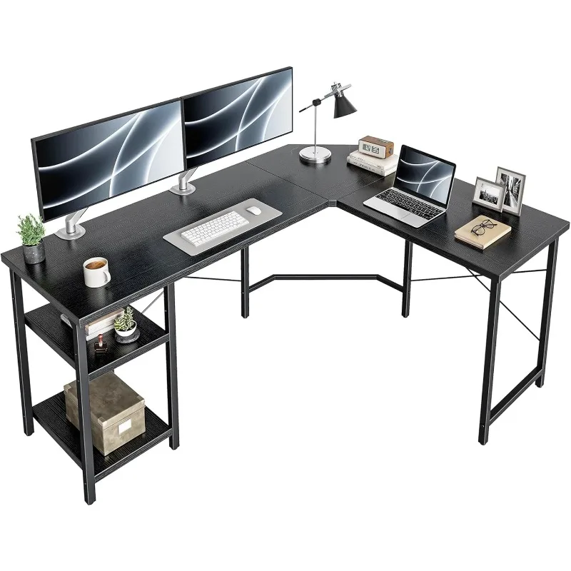 

L-образный стол, двусторонний угловой стол 59,1 дюйма с полками для хранения, стол для домашнего офиса для письменного игрового исследования