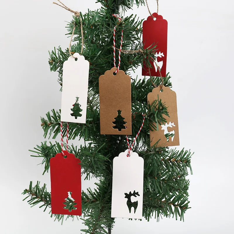 50 pezzi di etichette di carta con albero di cervo scavato e neve, etichette regalo di Natale, caramelle, biscotti, sacchetti, etichette appese in