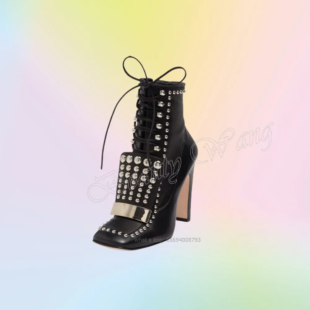 화이트 스퀘어 토 부츠 리벳 장식 사이드 지퍼 두꺼운 하이힐 여성용 하이힐 패션 2023 신상 여성용 신발