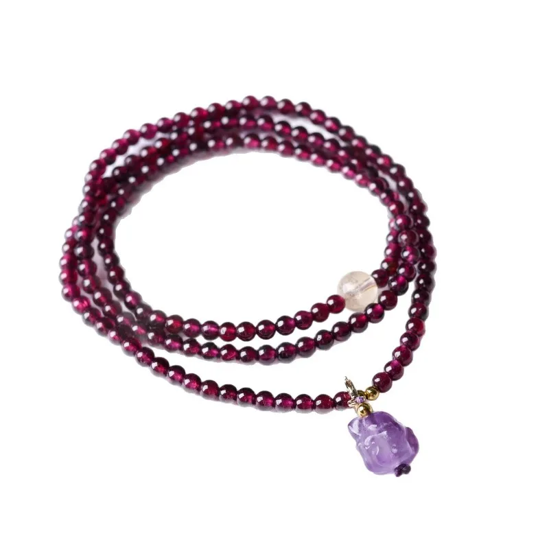 

Natural Garnet with Amethyst Nine-tailed Fox Multi wrap Bracelet Chinese Style Beaded Bracelet for Women Gifts
